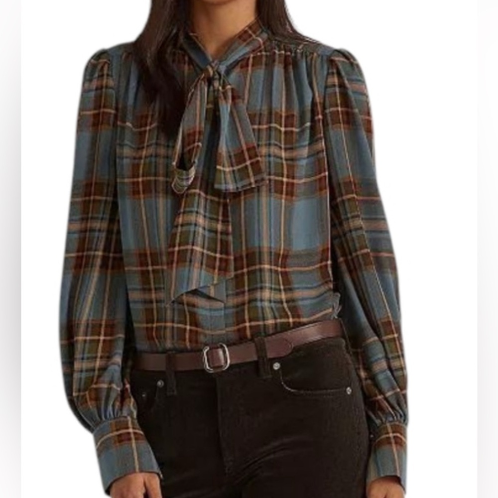 Lauren Ralph Lauren Plaid Tie Neck Blouse, L